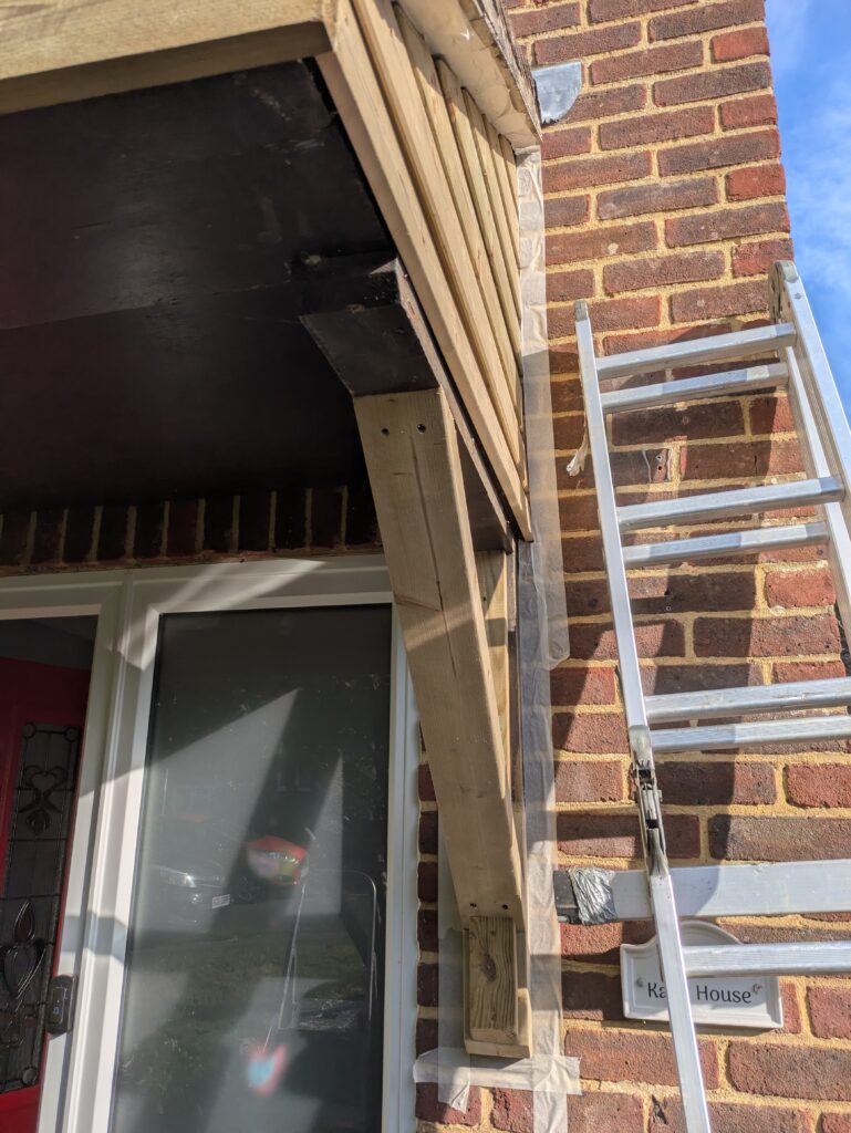 Fresh timber shaped and fitted along with shiplap cladding, taped up and ready to stain on this wooden porch repair job in worthing