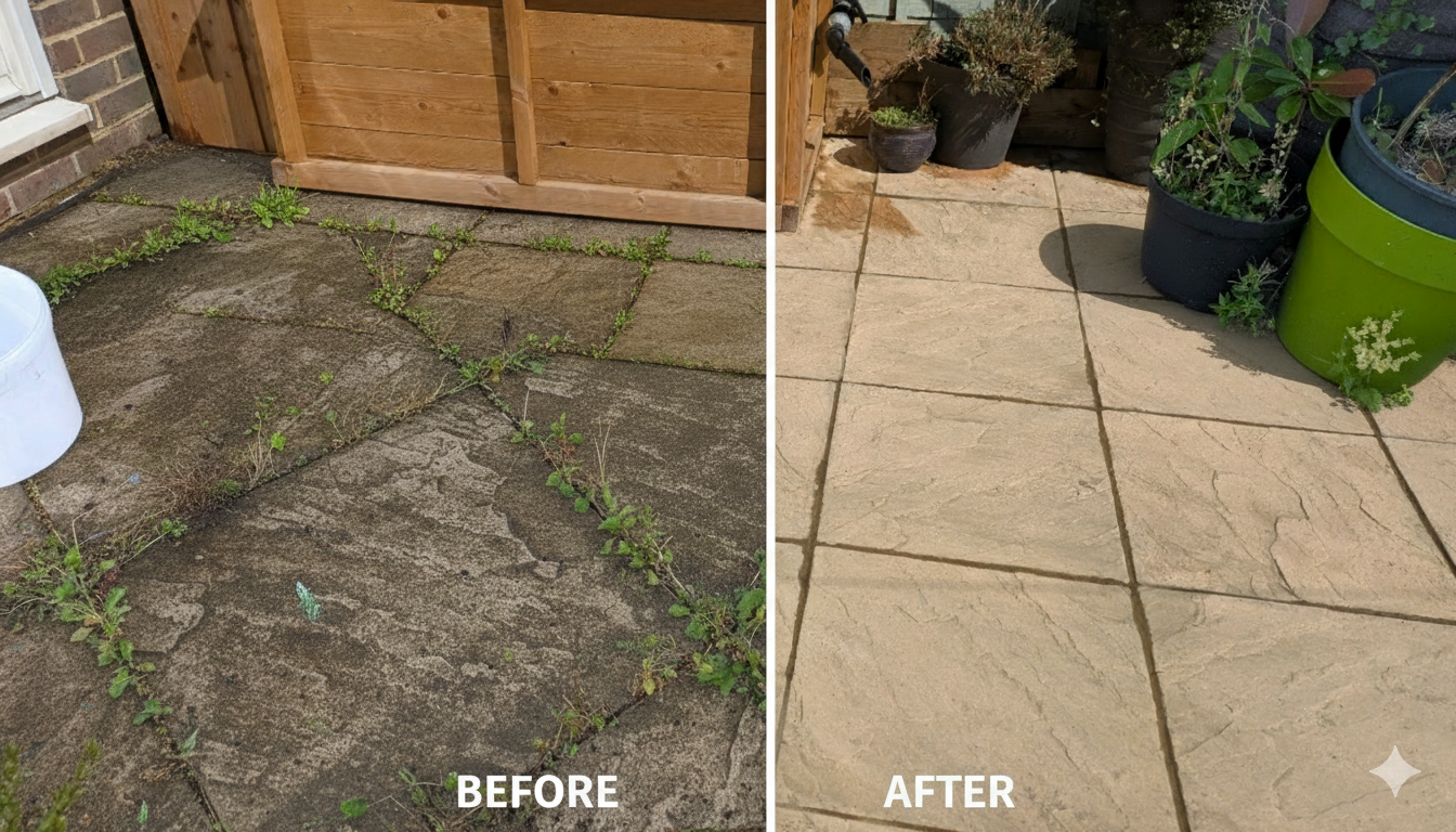 Patio in Worthing that needed jet washing and then the after picture of the patio after it had been cleaned