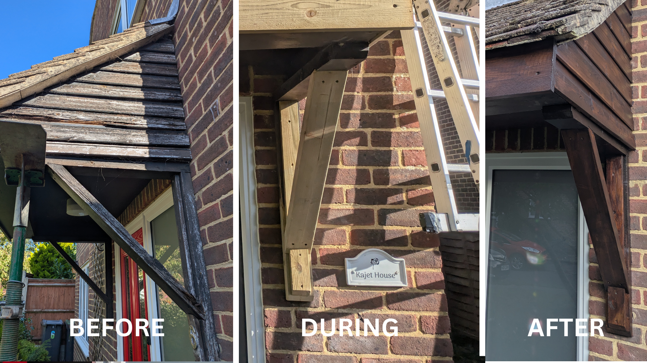 wooden porch repair showing the process inc. new facia and support timbers ready to stain