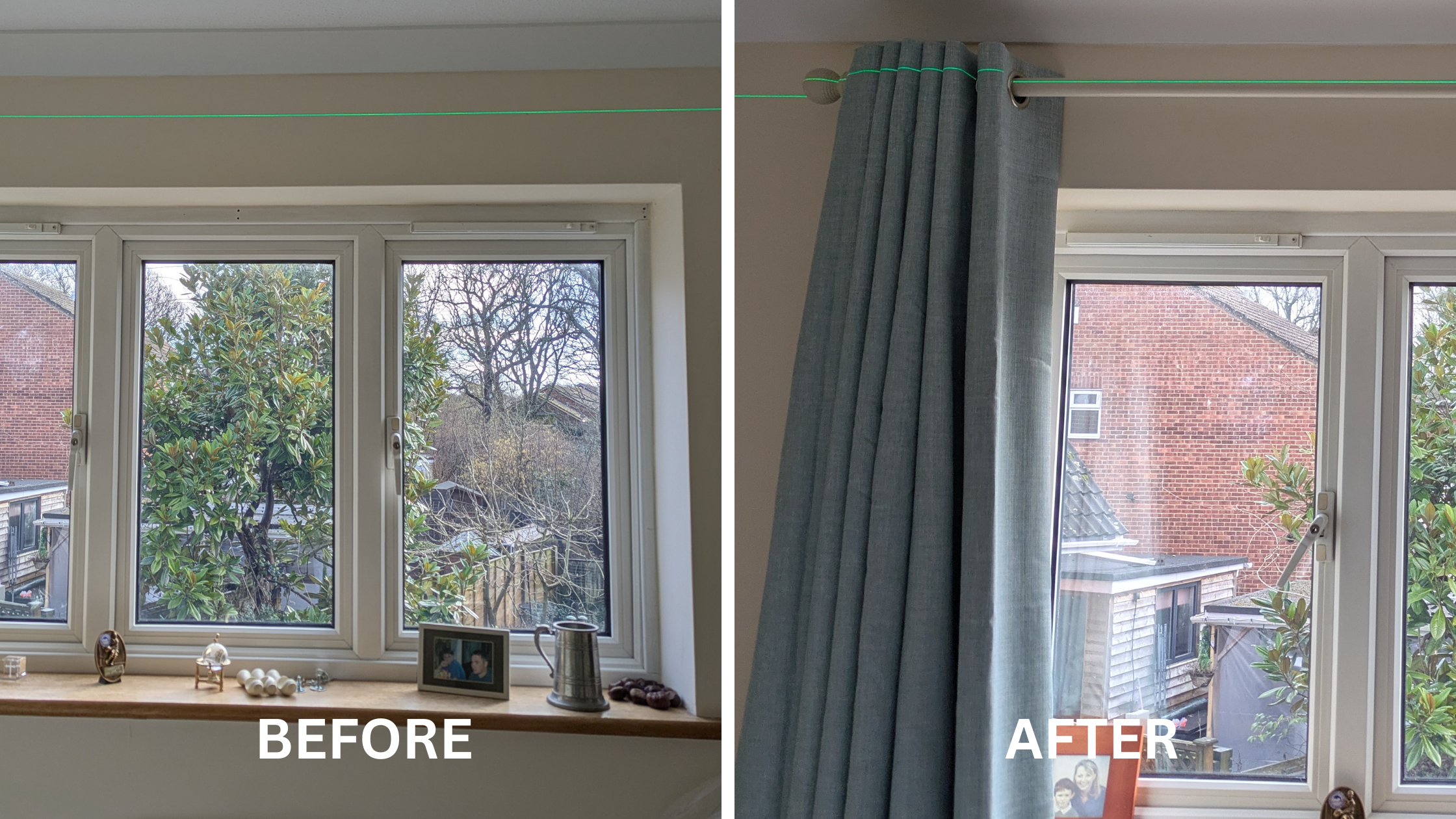 Secure, level, centered cost curtains hung in Worthing